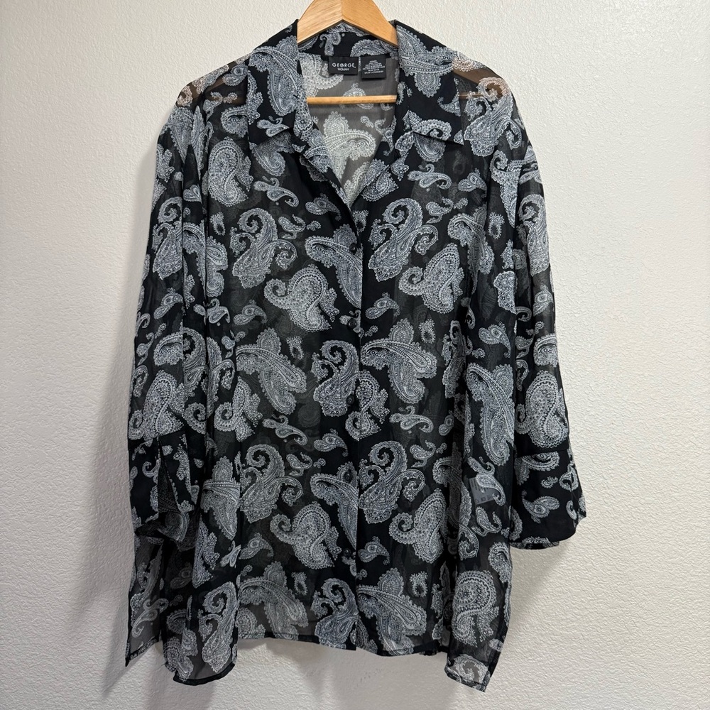 Black & White Paisley Sheer Blouse by George Woman - Size 26W/28W